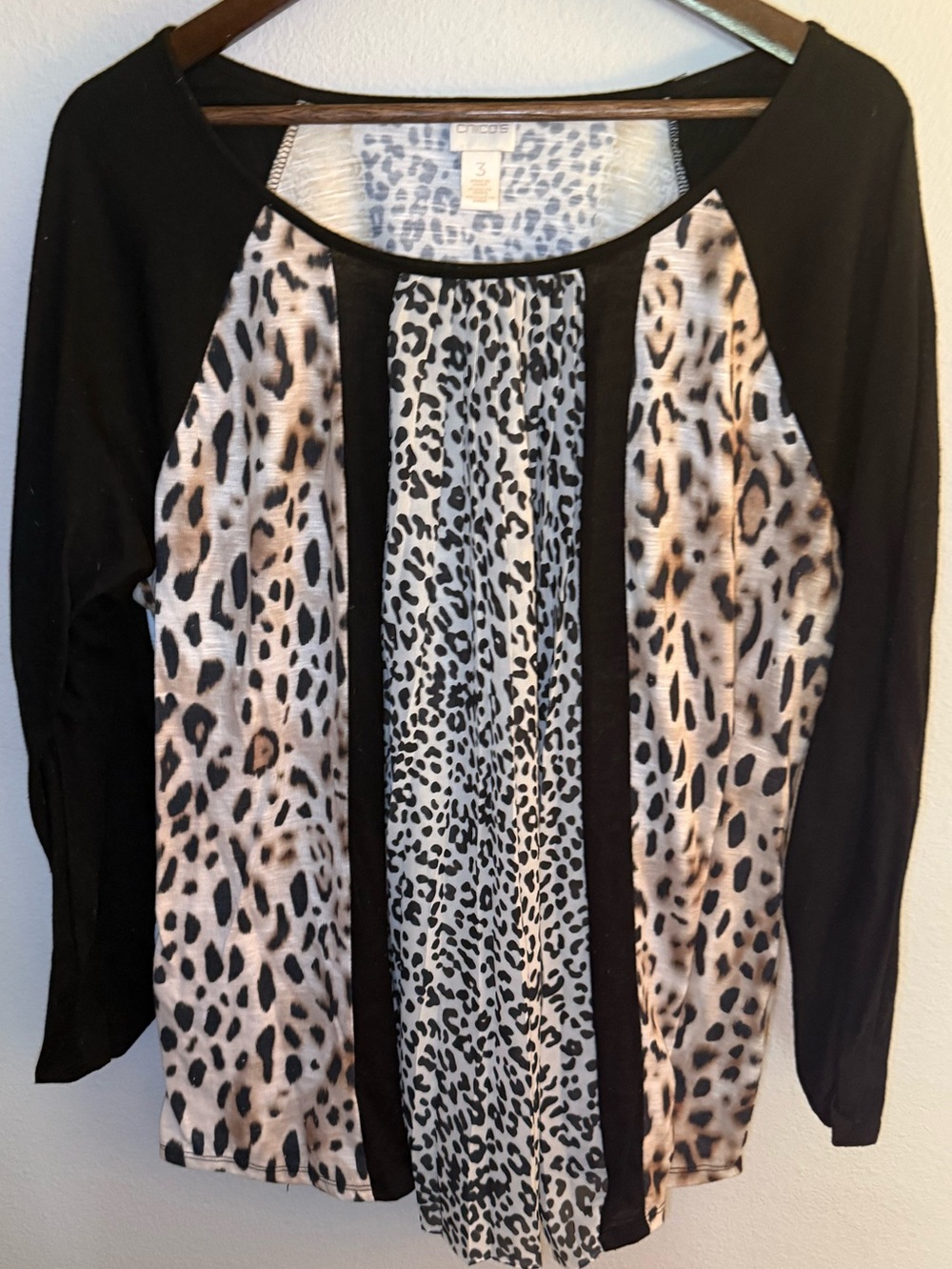 Chico's Black Long-Sleeve Top with Leopard Panel Accents